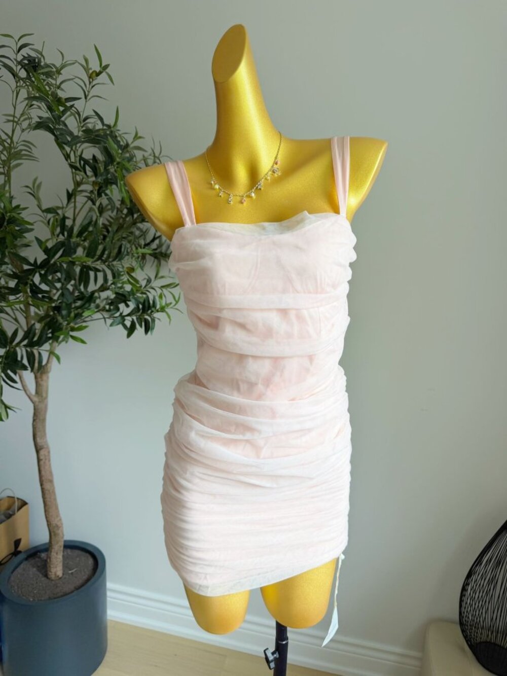 Blush Pink Ruched Mesh Corset Bodycon Mini Dress Size S NWT